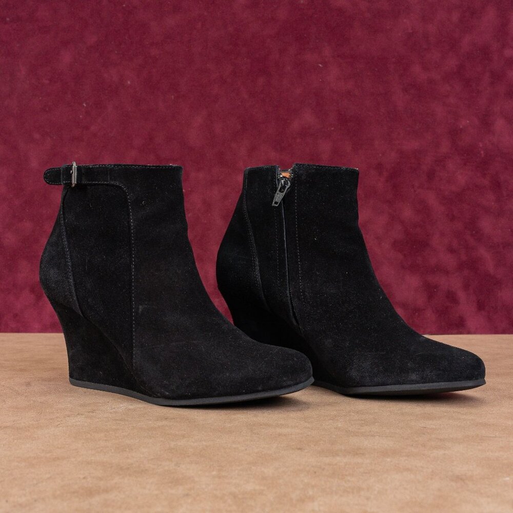 Lanvin Paris Women Black Suede Dress Zip Wedge Ankle Booties 7US EUR 37.5